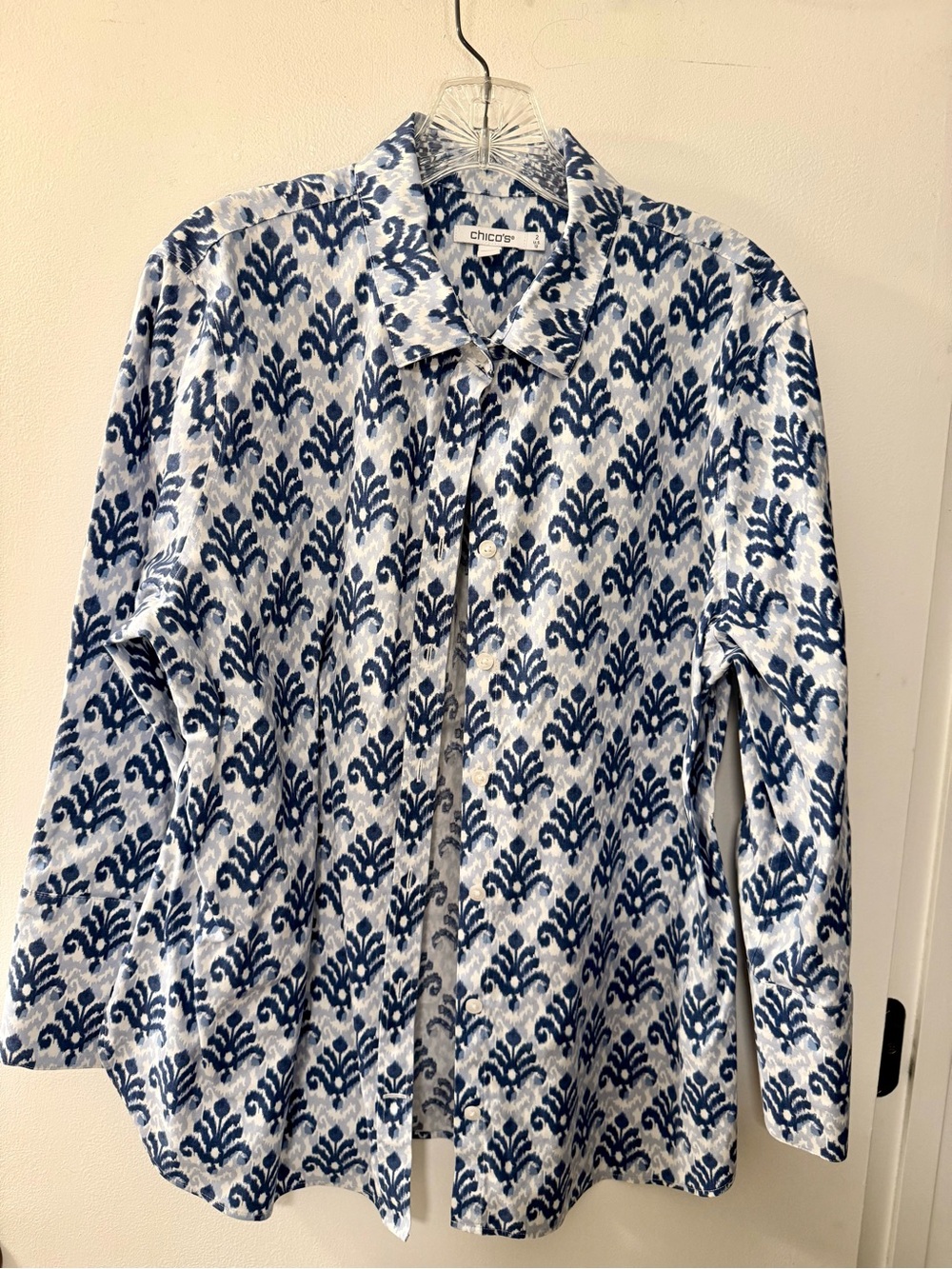 Chico's White Shirt with Navy/Blue Ikat-Inspired Print